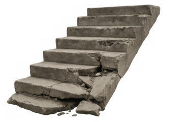 Crumbling concrete staircase representing decline and decay with transparent background