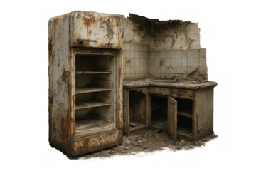 Old rusty refrigerator and damaged kitchen sink in abandoned house with transparent background