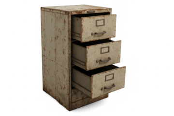 Old and rusty filing cabinet with open drawers on transparent background