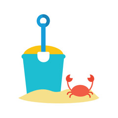 Bucket and spade in sand with tiny crab Vector illustration