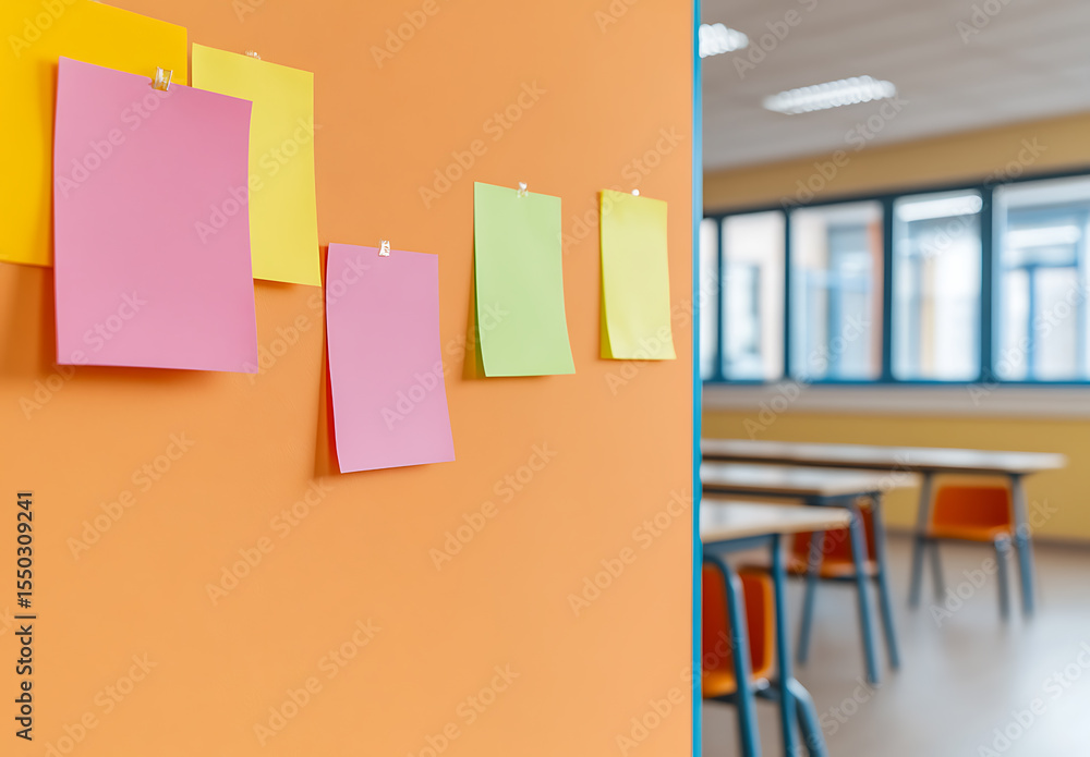 Poster colorful notes on a classroom wall. a vibrant display of information or reminders in a school settin