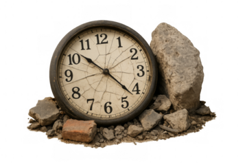 Broken clock showing 2:53 laying on rubble and rocks with transparent background