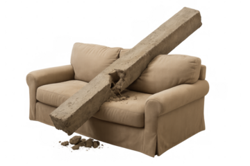 Concrete beam crushing comfortable sofa on transparent background