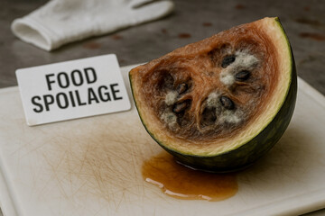 Food spoilage of watermelon due to mold proliferation and tissue breakdown, indicating microbial contamination and critical failures in cold chain or hygiene management