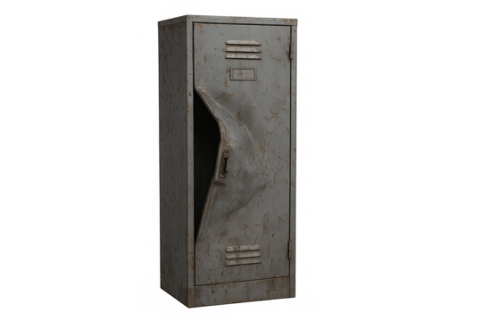 Old damaged metal locker with broken door on transparent background