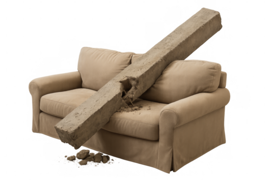 Concrete beam crushing comfortable sofa on transparent background
