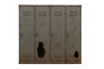 Row of rusty metal lockers with holes and transparent background
