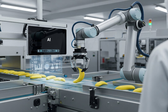 Collaborative robot with AI-powered vision system sorting peeled bananas on a conveyor belt in an advanced smart food processing and manufacturing factory.
