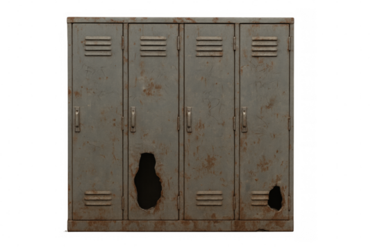 Row of rusty metal lockers with holes and transparent background