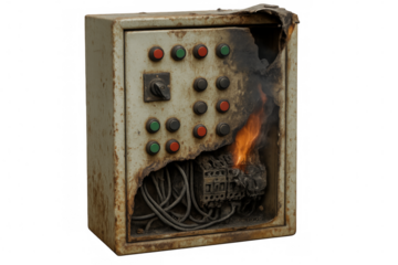 Old electrical panel catching fire with transparent background