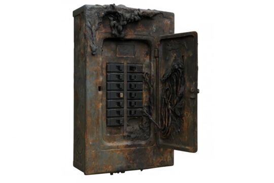 Burnt fuse box showing short circuit and electrical hazard with transparent background