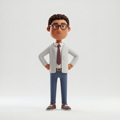 Confident Cartoon Doctor with Hands on Hips in White Coat and Striped Tie