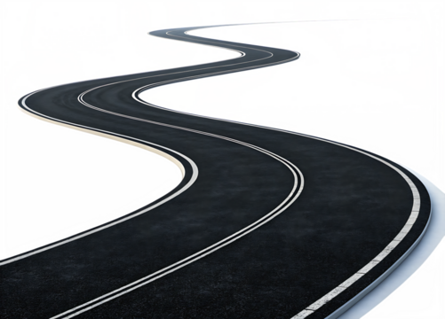 Winding Asphalt Road with Double White Lines Curving Through a Pixelated Colorful Landscape A I G E N E R A T E D - P N G isolated on a transparent background