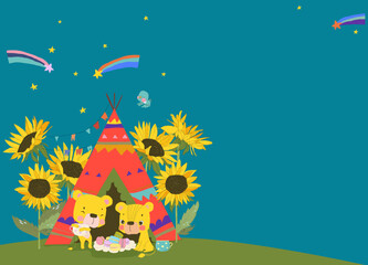 Cute Little Lions drinking tea on Teepee Tent in Sunflowers
