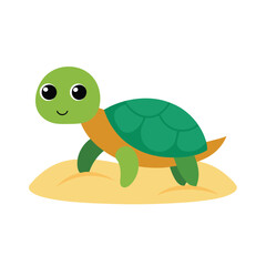 Cute turtle crawling slowly on sand Vector illustration