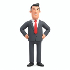 Confident Cartoon Businessman in Grey Suit with Red Tie Posing on White Background