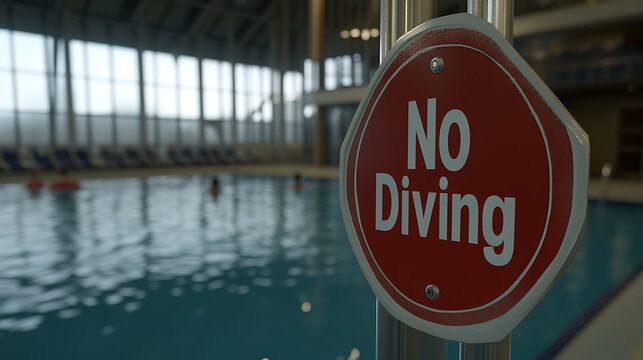 No Diving sign in an indoor pool area, prioritizing safety with clear rules for swimmers in a relaxed recreational environment for health and fitness.