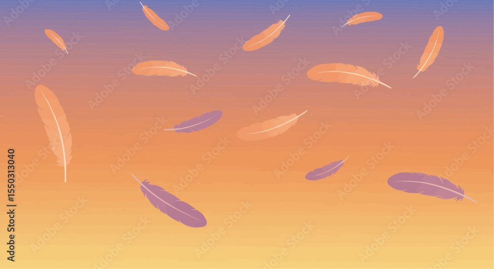 Poster abstract feathers falling in flat vector art against gradient background
