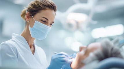 Dentist examining patient during routine check-up in modern clinic