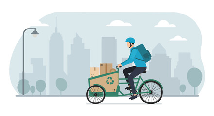A delivery man rides a cargo bike with boxes through a city, promoting eco-friendly transportation.