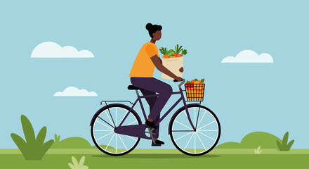 A person riding a bicycle with a basket of groceries, enjoying a healthy lifestyle.
