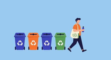 Man walking with a bottle towards recycling bins of different colors, promoting environmental awareness.
