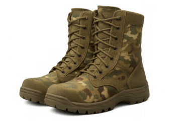 Pair of modern camouflage military boots isolated on transparent background