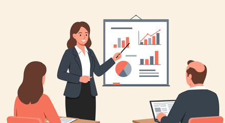 A woman in a business suit presents data to colleagues using a pointer.