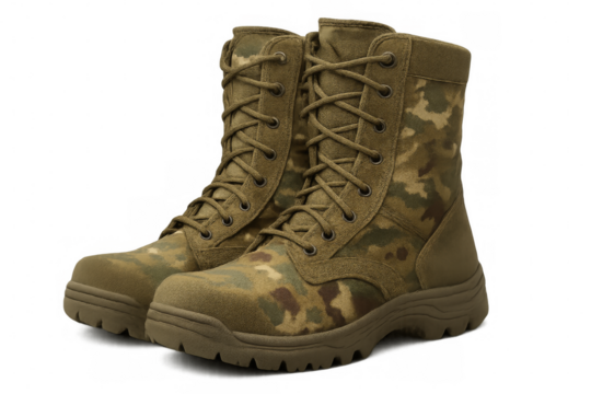 Pair of modern camouflage military boots isolated on transparent background