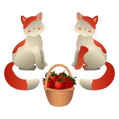Two white kittens with red spots and a basket of strawberries. Vector illustration isolated on a white background.