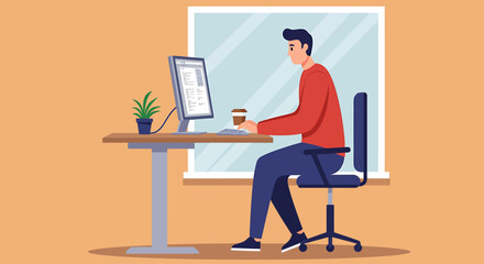Illustration of a person working at a computer desk with coffee, in front of a window.
