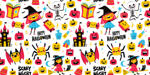 Halloween Night Pattern for Kids Happy Pumpkins, Spiders, Magic and Smiling Witch