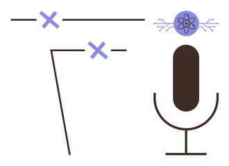 Microphone silhouette with atomic structure, intersecting lines, and geometric shapes. Ideal for communication, technology, innovation, science, podcasting, audio recording education simple flat