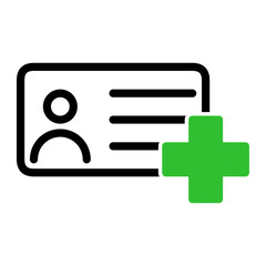 icon of an identification card with a plus sign, symbolizing new user registration, account creation, or adding a member. Flat minimal style.