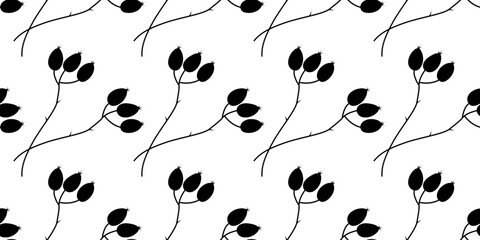 Hand Drawn Rose Hip Twigs Silhouette Seamless Pattern Autumn Background Rectangular Banner Format