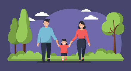 Naklejka premium Happy Family Enjoying a Walk in the Park Illustration of Parents and Child Spending Quality Time Outdoors