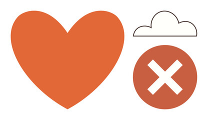 Obraz premium Orange heart alongside a cloud outline and red circle with white cross. Ideal for love, rejection, decision, emotion, communication, conflict, introspection. Clean simple flat metaphor