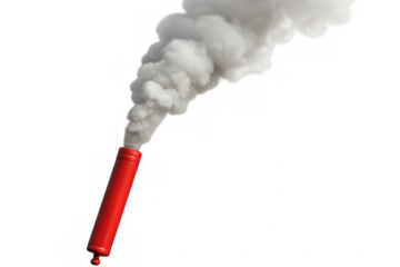 Red smoke bomb emitting white smoke on transparent background