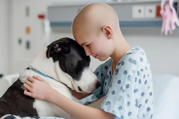 A bald teenage girl hugs a cute big dog in a hospital room. The concept of canine therapy