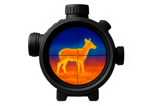 Hunter aiming deer through thermal weapon sight with transparent background