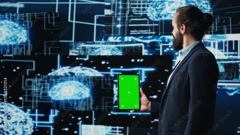 Poster studying neural networks systems, young it specialist implements artificial intelligence with mockup