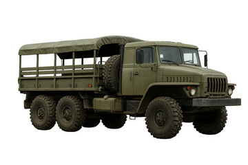 Powerful six-wheel military truck standing with transparent background