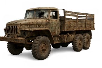 Damaged rusty military truck witnessing war destruction on transparent background