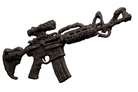 Rusty assault rifle isolated on transparent background representing war and violence