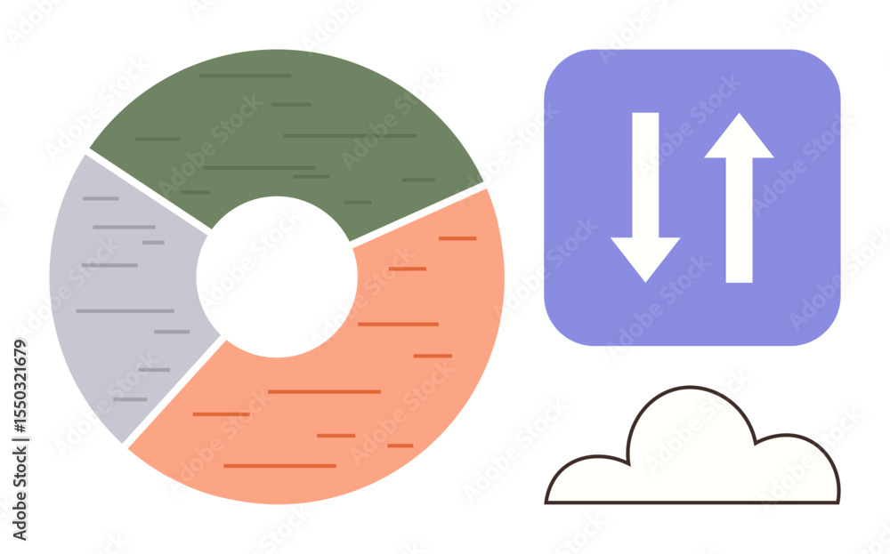 Poster circular pie chart with segments, arrows for data transfer, cloud icon. ideal for statistics, cloud 
