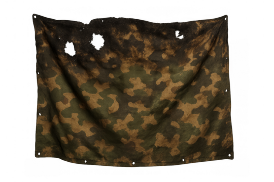 Burnt camouflage military canvas hanging with transparent background