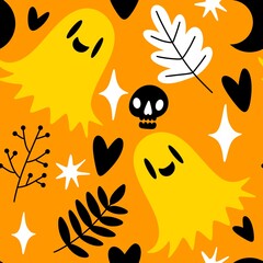 Naklejka premium Halloween ghost seamless cute cartoon pattern for wrapping paper and fabrics