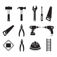 Obraz premium Collection of black construction and repair tools isolated on white background