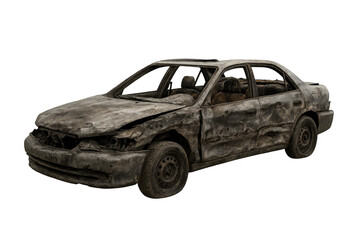 Burned car wreck isolated on transparent background showing destruction and damage