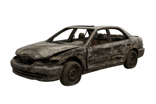 Burned car wreck isolated on transparent background showing destruction and damage